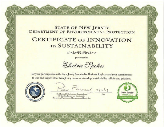 Voltaire Cycles receives Recognition from NJ's Department of Environmental Protection